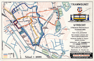 606643 Kaartje met het tramwegnet (lijn 1,2 en 3) van de G.T.U. (gemeentetram) te Utrecht, met verwijzing naar het ...